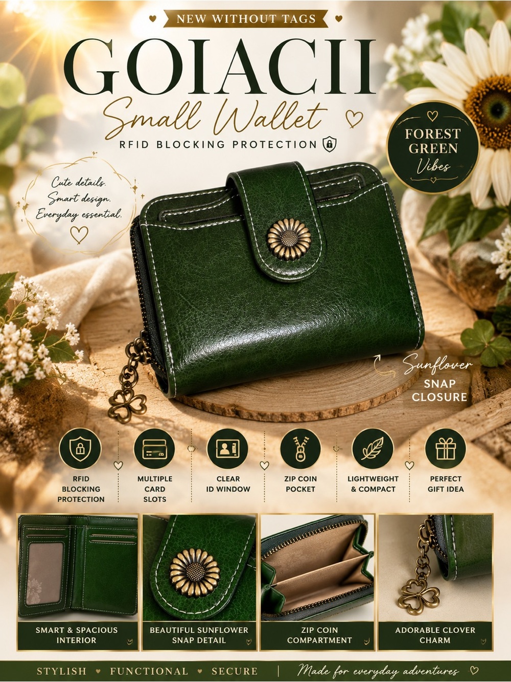 Forest Green RFID Blocking Leather Wallet Sunflower Snap Small Wallet
